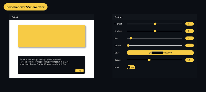 It allows users to customize various parameters of a box-shadow such as Horizont